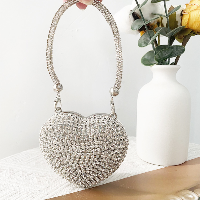 Diamond Encrusted Glass Stone Heart-Shaped Small Chain Bag for Evenings