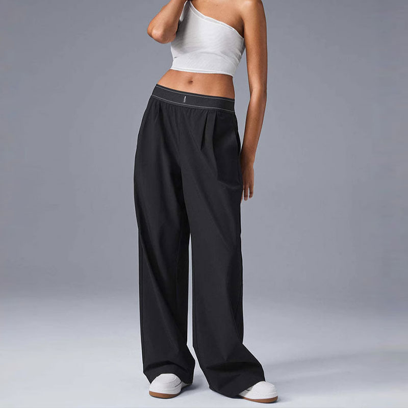 Women's Black Yoga Straight Leg Pants Fashion Elastic Waist Low-Rise Wide Leg Extra Long Trousers Trendy Streetwear Luxury Designer High-Quality 