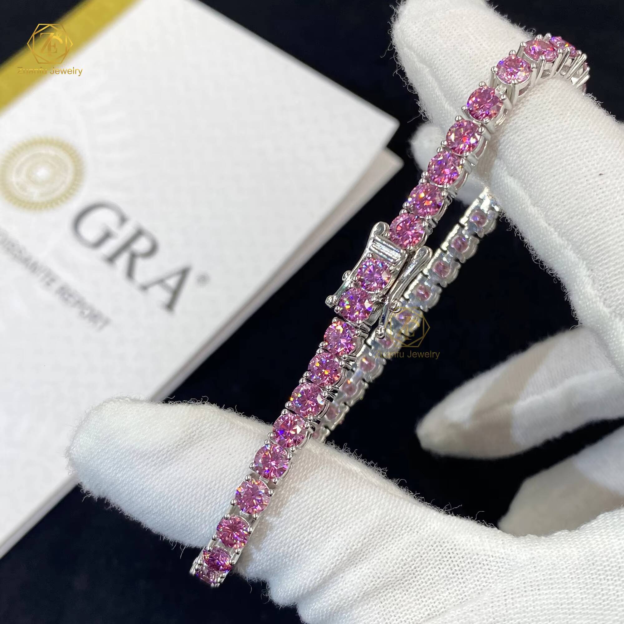 Classic Design Stylish Pink Color 925 Sterling Silver 3mm 4mm 65mm Moissanite Tennis Bracelet Necklace