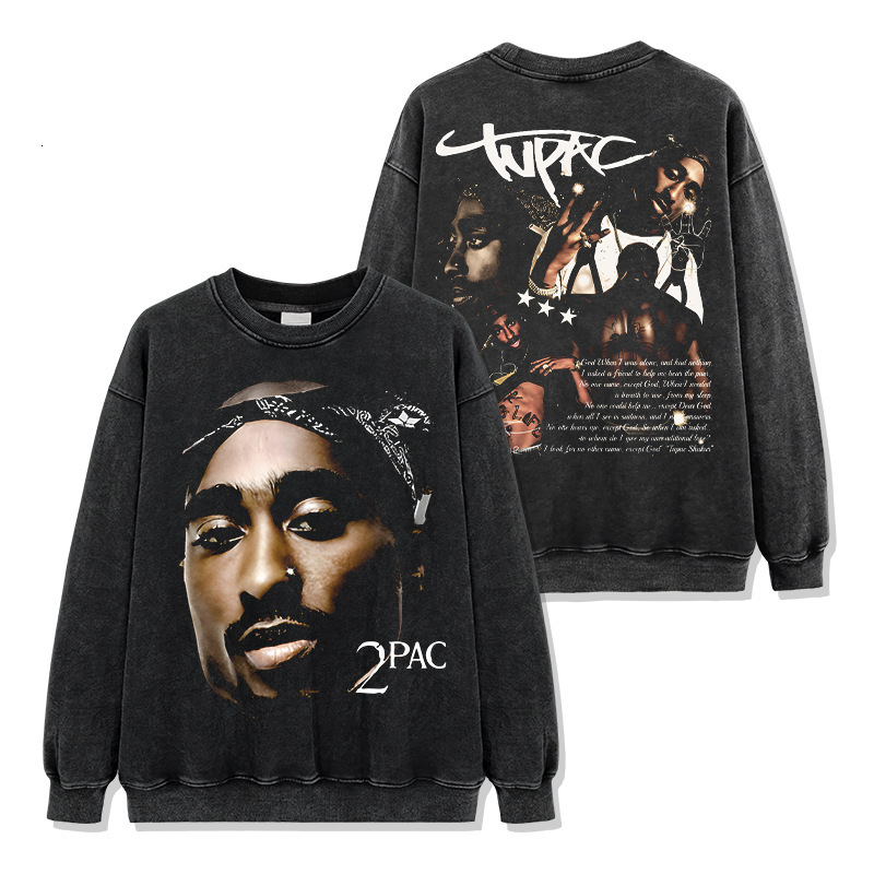 American tupac printed short sleeved t-shirt Vintage loose round neck hooded sweatshirt for men and women
