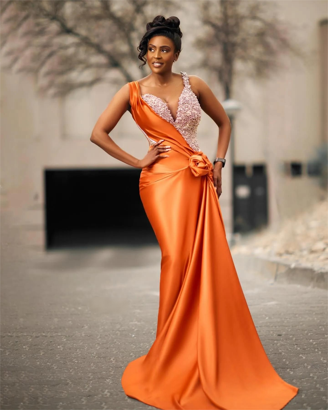 Orange Mermaid Prom Dresses For Special Occasions Floral Pearls Rhinestones Satin Evening Formal Party Second Reception Birthday Engagement Gowns Dres