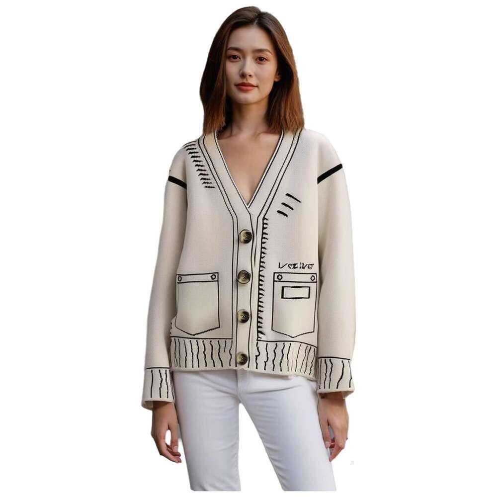 2025 Spring Autumn New Loose Lazy Style Sweater for Women with Pockets in Black and White Oversized Knitted Cardigan Jacket