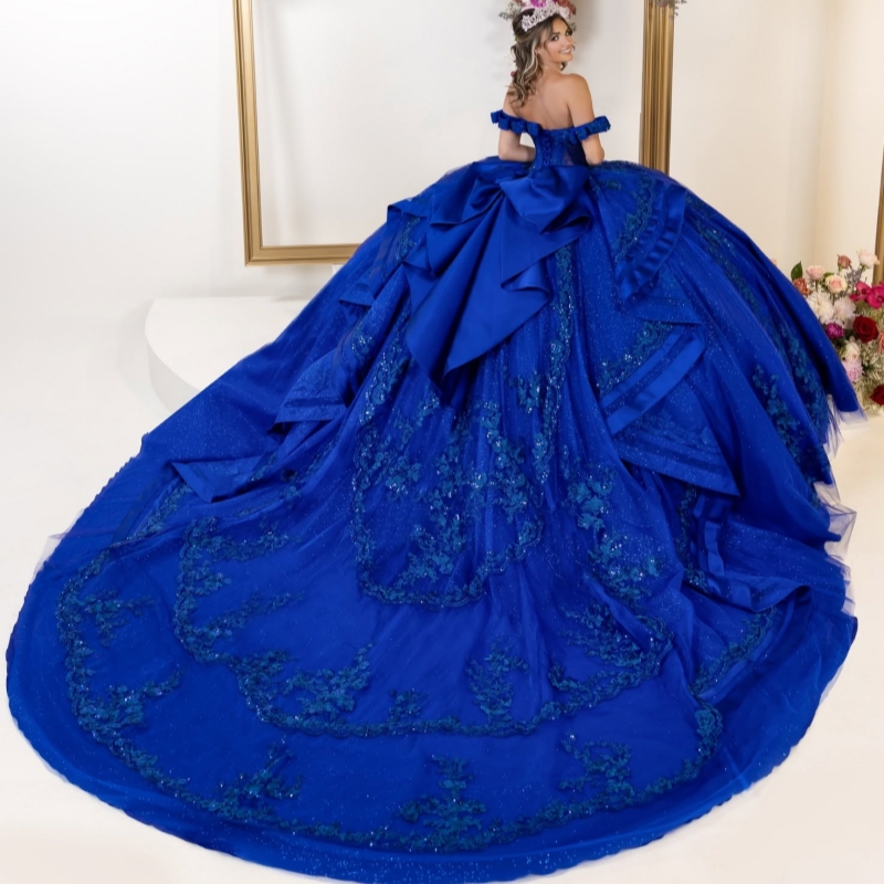 Royal Blue Shiny Quinceanera Dresses Off The Shoulder Applique Lace Beading Crystal Bow Tull Party Birthday Sweet 16 Dress Vestidos 15 Anos