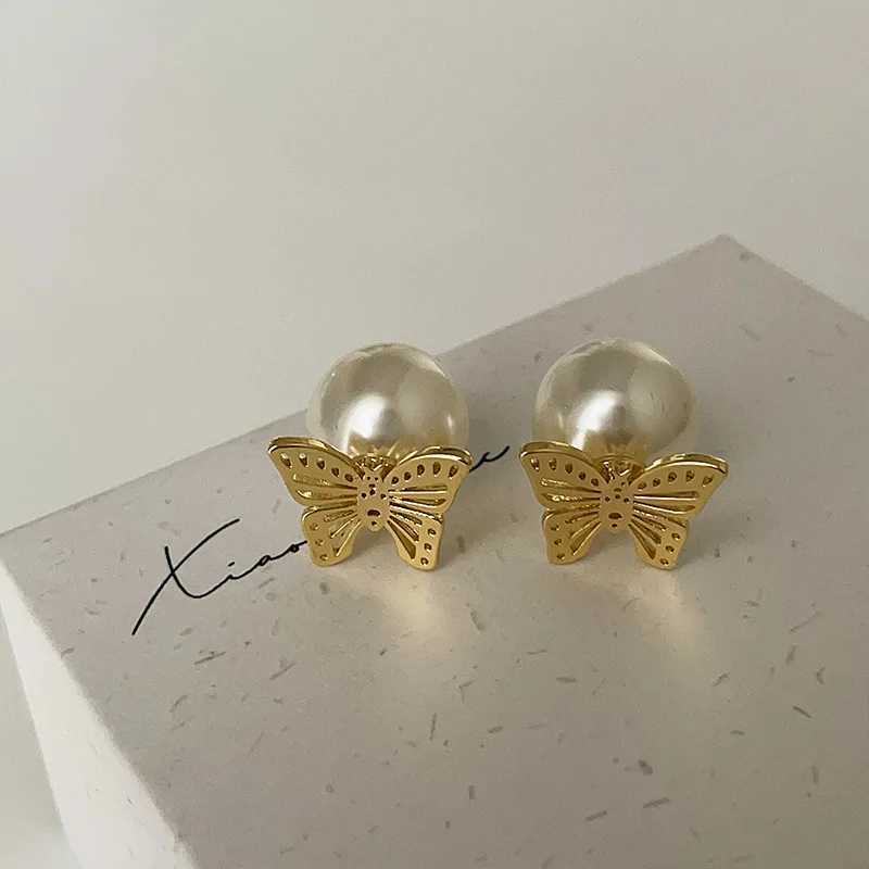 French Style Light Luxury Elegant Butterfly Imitation Pearl Stud Earrings For Women Fashion Sweet Metal Jewelry Party Gifts Y250401