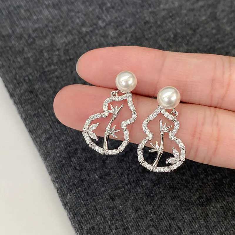 Light Luxury Exquisite Full Zirconium Bamboo Leaf Gourd Pearl Stud Earrings For Women Fashion Crystal Jewelry Party Gifts Y250401