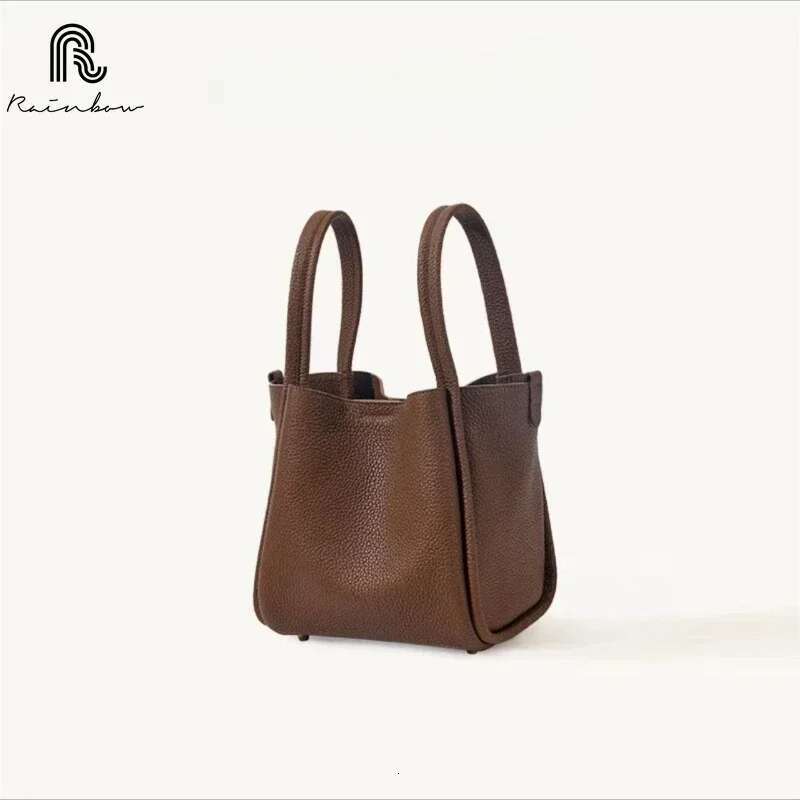 RAINBOW Fashion Women genuine leather New Tide Versatile Solid Color Simple Large Capacity Lock Catch Bucket Bag