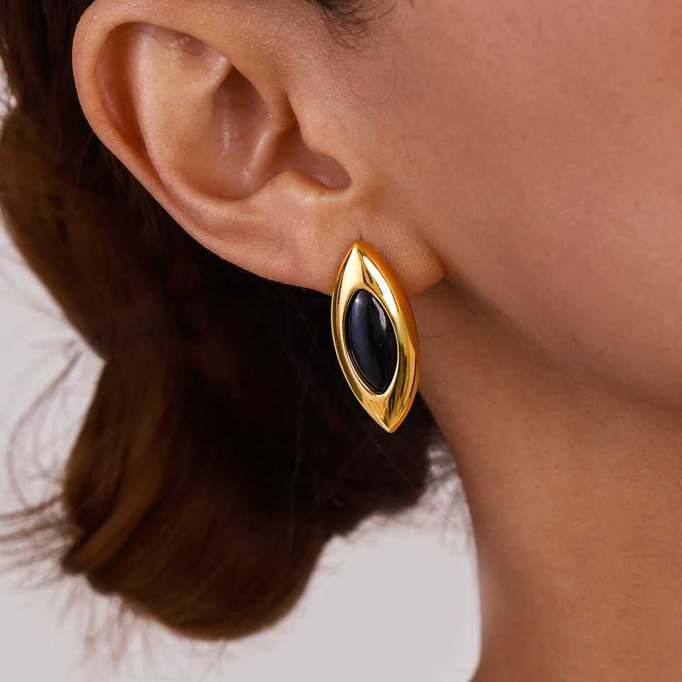 Home>Products>Gold Plated Stainless Steel Smooth Horse Eye Black Agate Earrings Y250401
