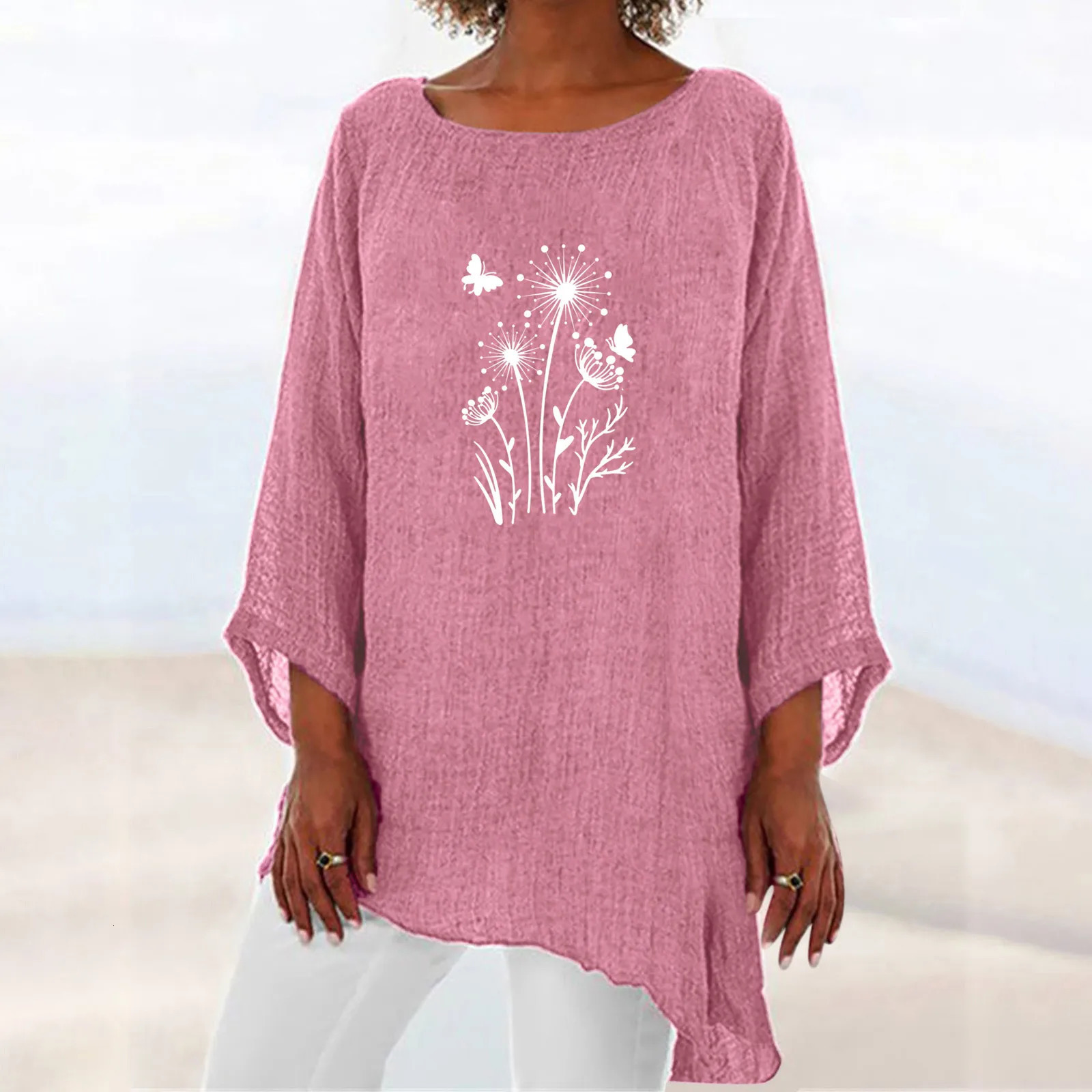 Summer shirt womens plus size dandelion third quarter sleeve cotton linen top oversized womens top summer tuning 250318