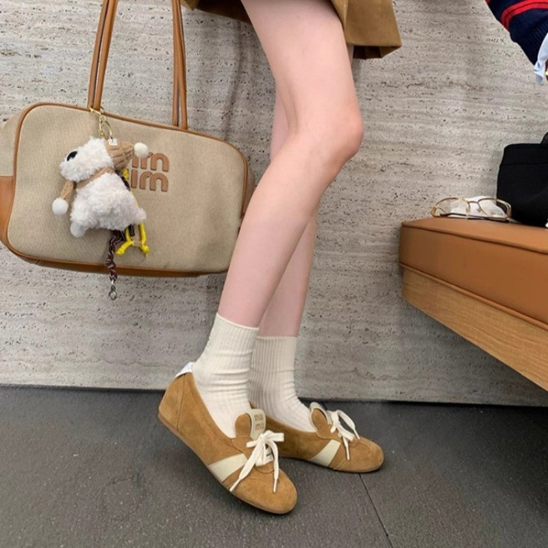 designer shoes new Leather version! miu sweet elevator one-step-on versatile ballet German training shoes for women casual sports shallow-mouth single