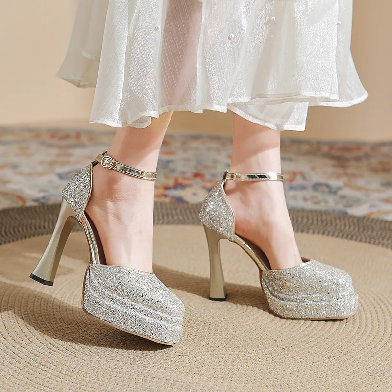 Waterproof Platform High Heels Thick Heel Crystal Shoes with Dress Host Small Champagne Wedding Shoes Bride Shoes Women 12cm 251030