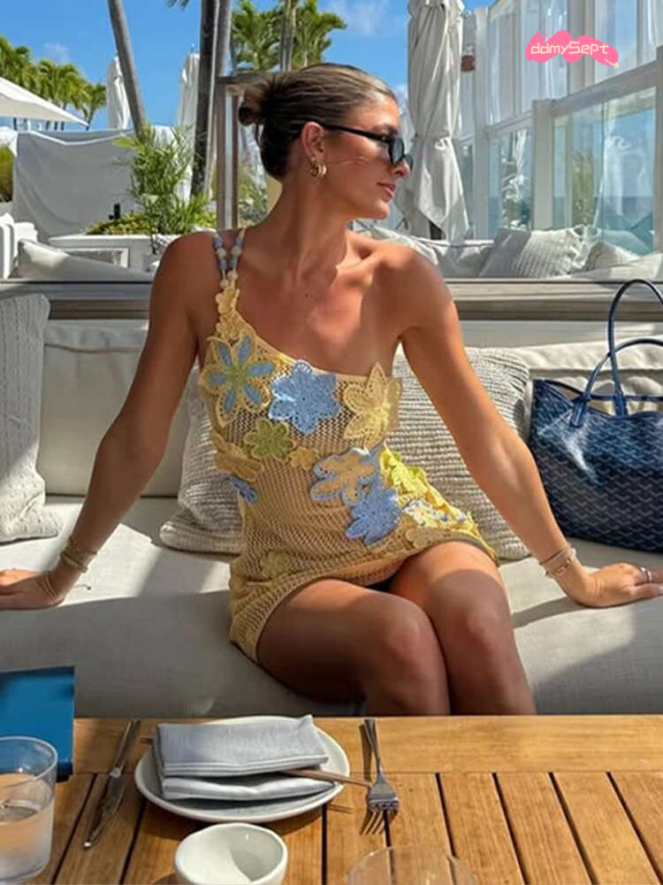 Sexy Knitted Lace Up Backless Beach Dress Women Casual Beads Single Shoulder Hollow Out Mini Dresses Female 2025 Chic Holiday #ddmySept