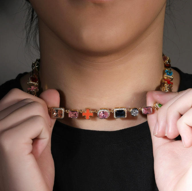 trend 6mm Oil Drip Cross Necklace Geometric Design Iced Out Colorful CZ Stones Hip Hop Fine Jewelry Chain