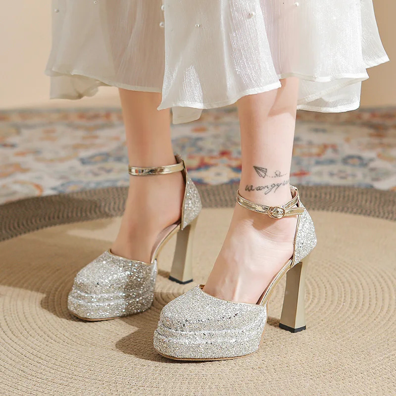 Waterproof Platform High Heels Thick Heel Crystal Shoes with Dress Host Small Champagne Wedding Shoes Bride Shoes Women 12cm 251030