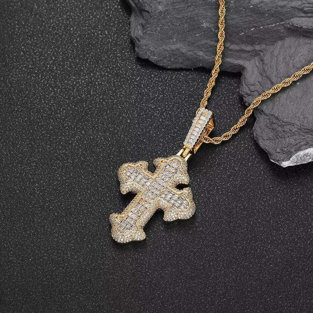 New Hip Hop Fashion Jewelry Men Gold Plated moissanite Cubic moissaniteia Religion Charms Iced Out Bling Baguette Cross Pendant Necklace