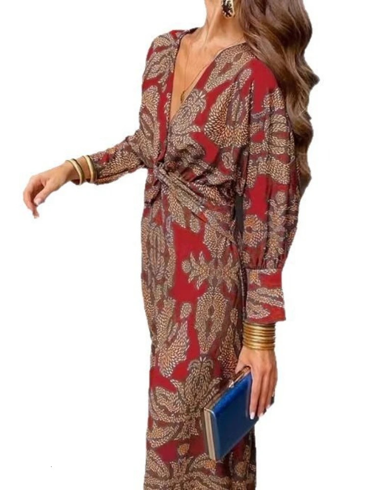 Elegant Streetwear Dres Spring Womens Retro Printed V Neck Long Sleeved Casual Comfortable Medium Length Dress 251030