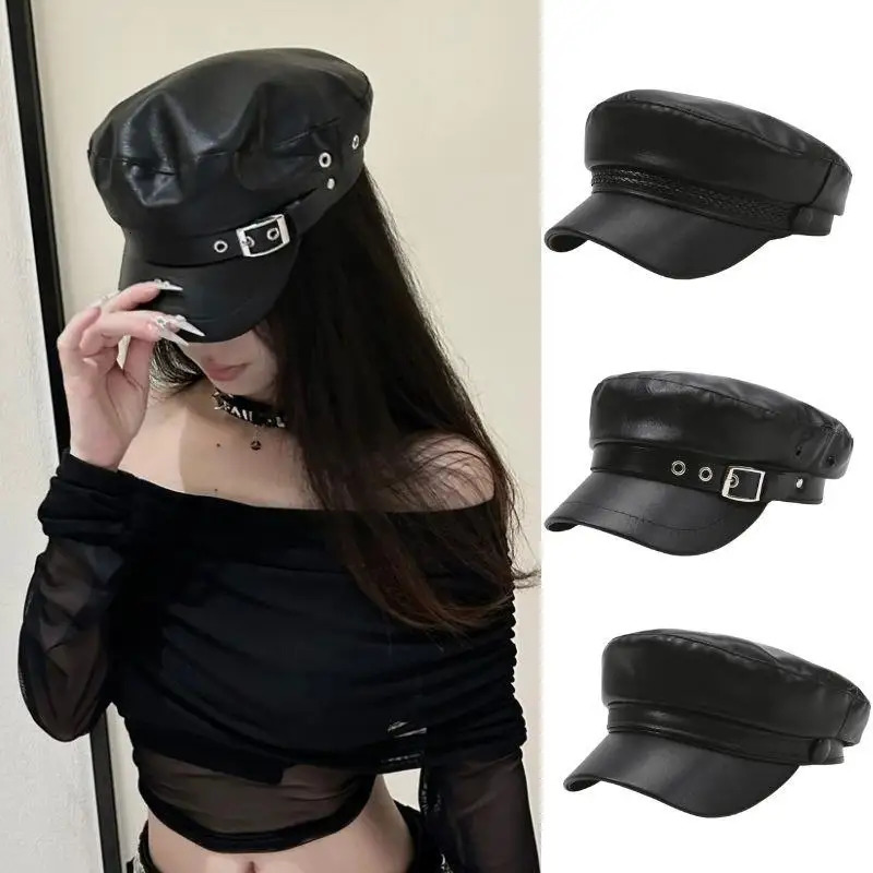 Trendy PU Leather Beret Hat Gothic Lolita Punk Cap Versatile Beret Retro Flat Tops Visor sboy Cap Painter Hat Octagonal Cap 251031