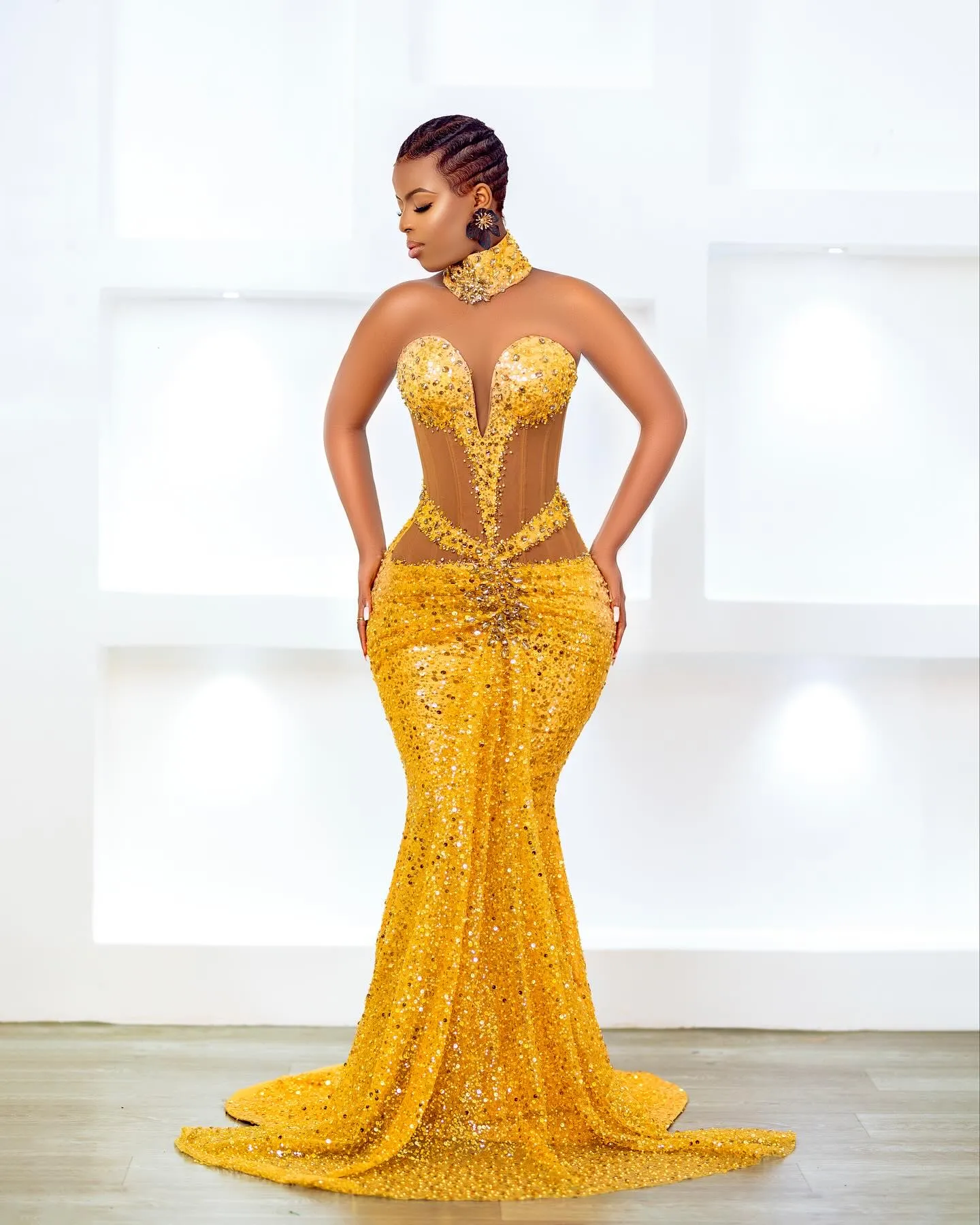 Yellow Mermaid Prom Dresses For Plus Size Special Occasions Beaded Crystals Sequined Evening Formal Party Second Reception Birthday Engagement Gowns D