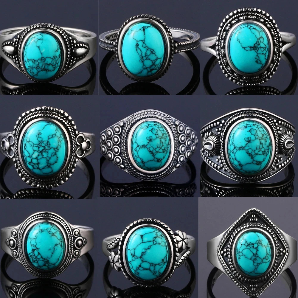 S925 Sterling Silver Vintage Ring With Natural Turquoise Stone Rings Oval and Round Shape Flower Carved Rings For Women Men 251031