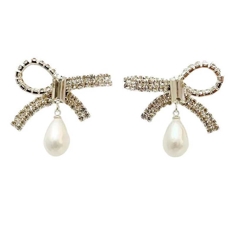 Korean Style Light Luxury Unique Imitation Pearl Bow Dangle Earrings For Women Fashion Elegant Crystal Jewelry Party Gifts Y250401
