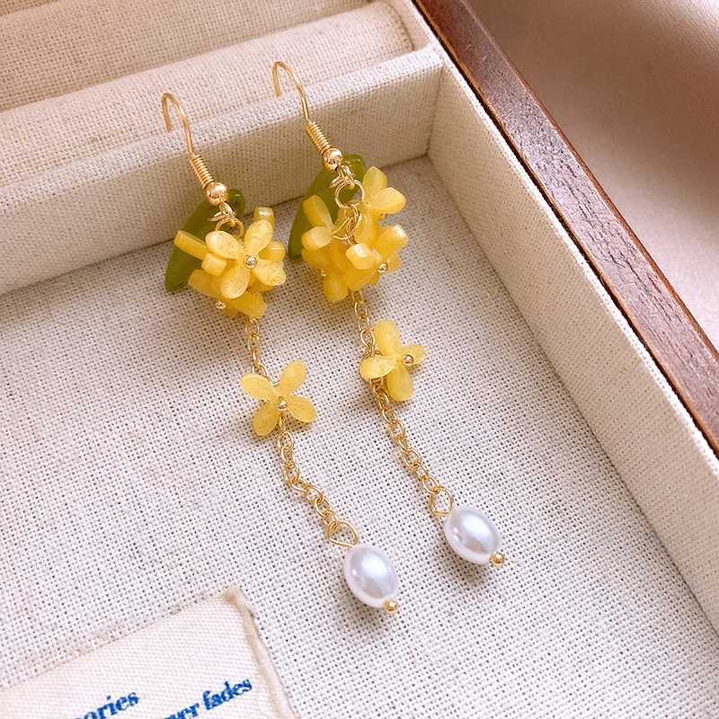 Light Luxury Exquisite Elegant Fresh Yellow Flower Long Tassel Pearl Dangle Earrings For Women Fashion Sweet Jewelry Party Gifts Y250401
