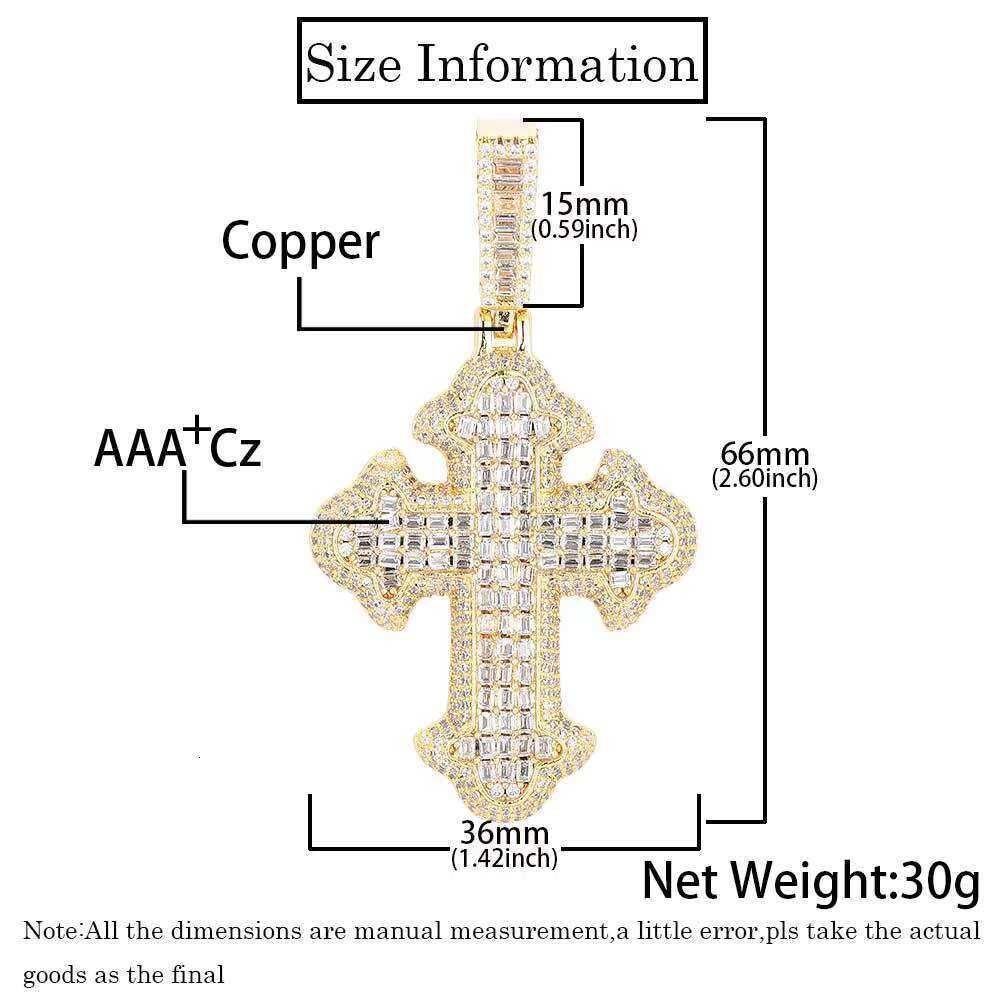 New Hip Hop Fashion Jewelry Men Gold Plated moissanite Cubic moissaniteia Religion Charms Iced Out Bling Baguette Cross Pendant Necklace