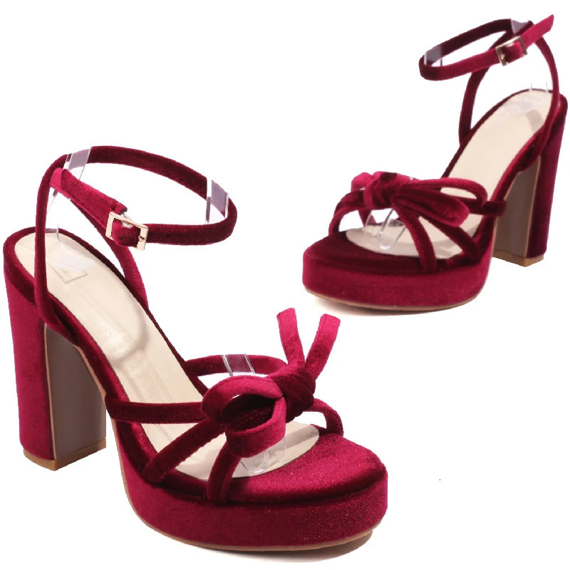 Velvet High Heels Sandals Women Summer Shoes Ankle Straps Fashion Flip Flops Black Red Green Heeled Party Wedding Shoe Female 251030