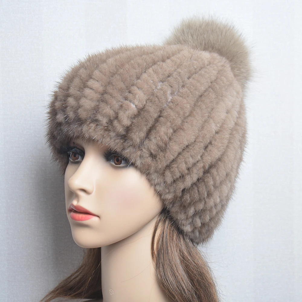 Winter Women Natural Mink Fur Hat Hand Knitted Warm 100 Genuine Mink Fur Cap Russia Lady Real Mink Fur And Fox Fur Pompoms Hats 251028ww