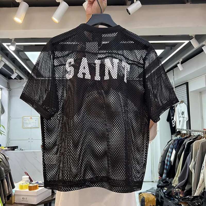 Mesh SAINT Big T Shirt 2025 Summer Men Women High Quality Digit 80 Print Tag Breathable Short Sleeve Clothes Tops