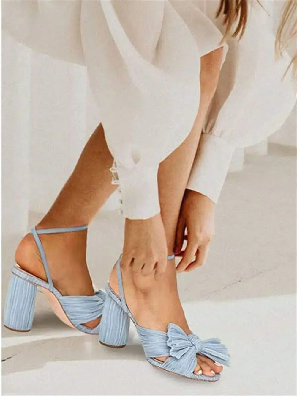 Womens Block Heel Wedding Shoes for Brides Who Value Comfort And Style Pleated Bow Knot White Blue Party Sandals Big Size 251030
