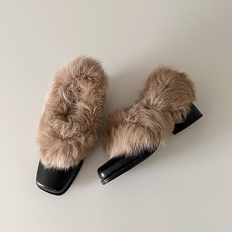 Cowhide version ~ square toe wool shoes one foot retro fleece warmth Mary Jane small leather shoes cotton shoes thick heel shoes