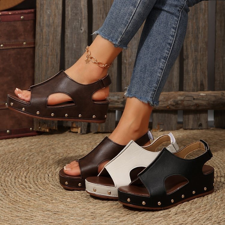 New designer sandals with free shipping Summer New Sponge Cake Thick Slope Heel Women's Velcro Large Rivet Flat Bottom Fish Mouth Sandals