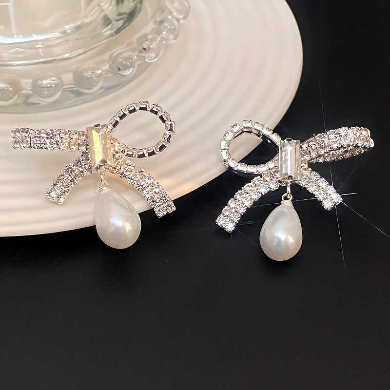 Korean Style Light Luxury Unique Imitation Pearl Bow Dangle Earrings For Women Fashion Elegant Crystal Jewelry Party Gifts Y250401