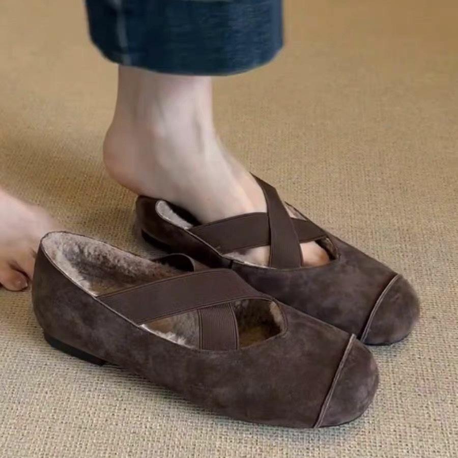 Sheepskin version ~ genuine leather retro fleece warm cross belt one foot slip-on shoes women's frosted flat versatile shoes