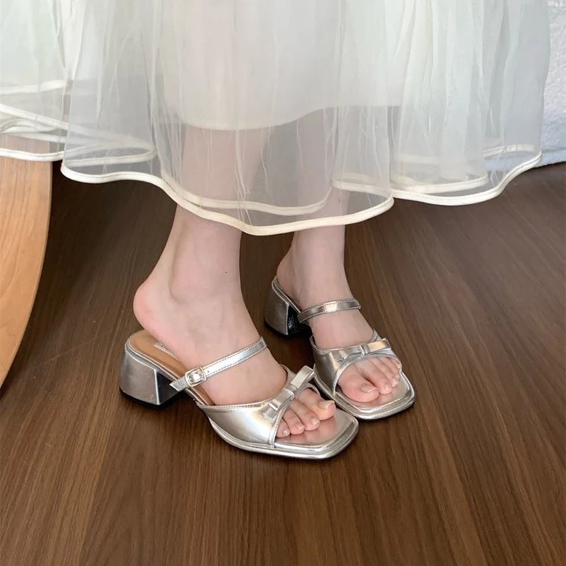 Summer womens open toe thick sole slider fashion bow comfortable outdoor party dress shoes 250402BJ - view 3