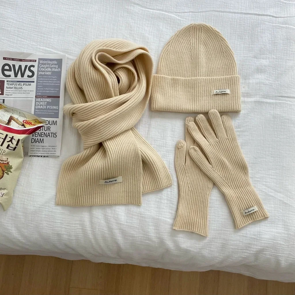 Womens Solid Knitted Hat Scarf Glove Set Warm Autumn Winter Fashion 3 Pcs Lovely Colors Green Blue Red 251028ww