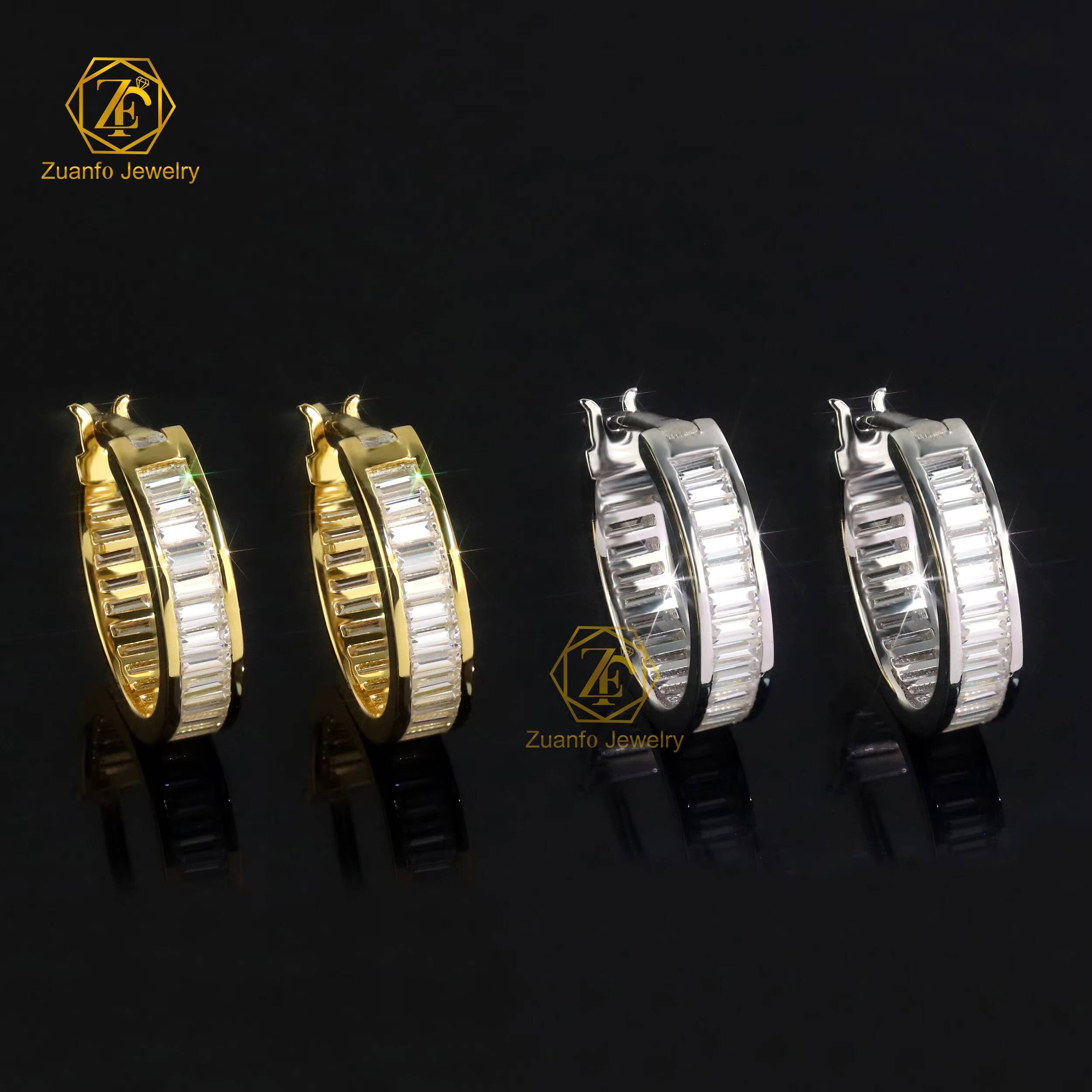 925 Silver Hoop Earring Iced Out D VVS Baguette Cut Shape Bezel Setting Men Moissanite Earrings
