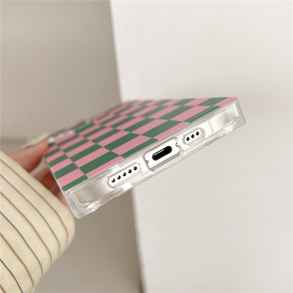 INS Pink Green Checkerboard Square Phone Case Compatible with iPhone 17/16/15 Pro Max Niche Full Coverage iPhone 14/13 Pro