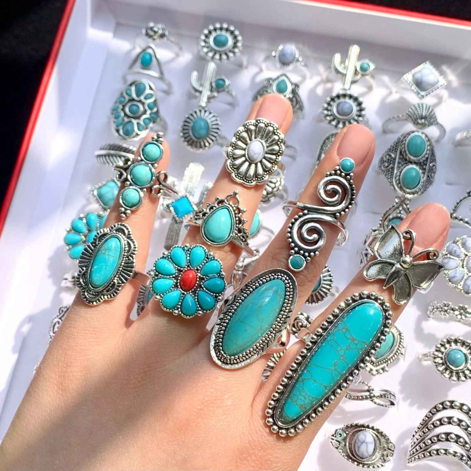 12pcs Antique Silver Plated Turquoise Bohemia Vintage Rings Mix Style Women Ethnic Alloy Metal Party Gift Finger Jewelry Lot 251031