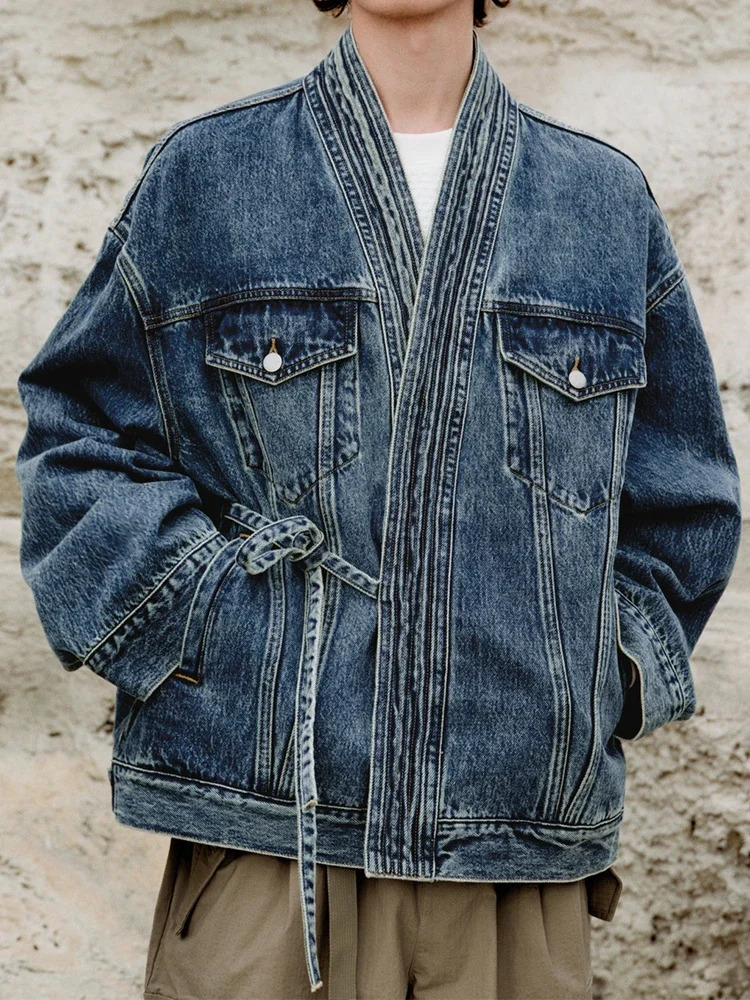 Spring Stylish Denim Jackets for Mens Streetwear Fashion Irregular Wrap V Neck Jean Cardigan Men Vintage Laceup Jean Coat 251030