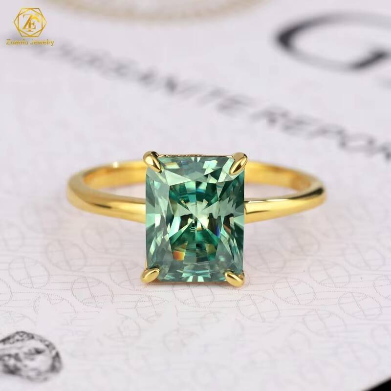 2025 Hot Sale 925 Sterling Silver Green Color Radiant Cut 7x9MM Moissanite Diamond Women Luxury Wedding Moissanite Rings
