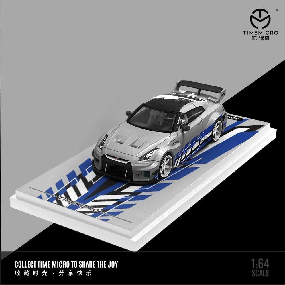TimeMicro 1 64 H300 transport trailer and GTR35 silver and blue painted alloy car models for collection display and gifting X250402