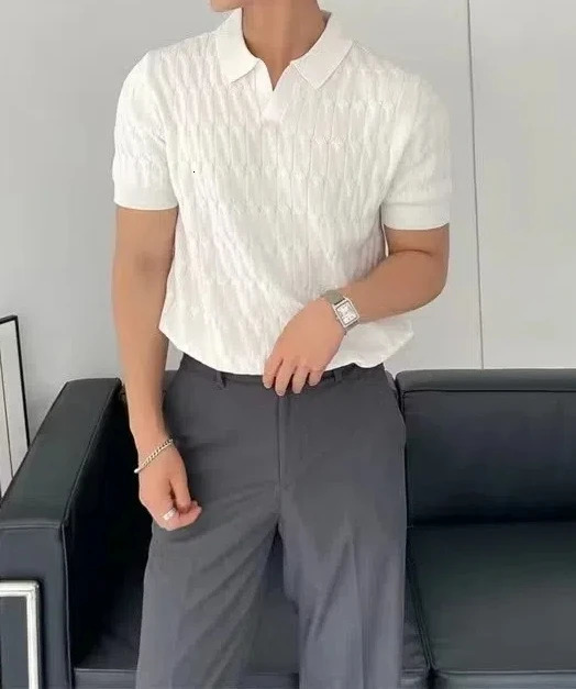 Fashionable and Korean version solid color slim fit ice silk polo shirt short sleeved mens casual lapel bottom shirt 250327