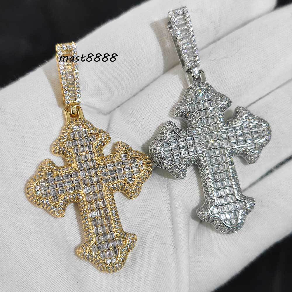 New Hip Hop Fashion Jewelry Men Gold Plated moissanite Cubic moissaniteia Religion Charms Iced Out Bling Baguette Cross Pendant Necklace