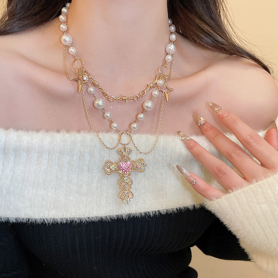 European and American Cross-Border Inlaid Diamond Cross Pearl Necklace Vintage Niche Sweet Cool Style Collarbone Light Luxury High-End Neck Chain - view 6