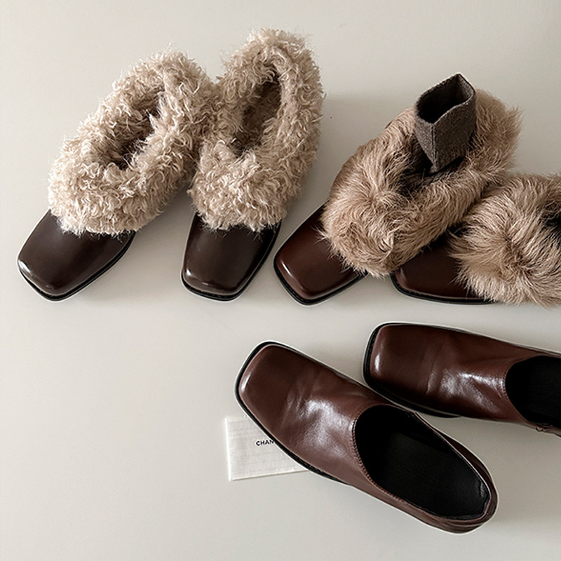 Cowhide version ~ square toe wool shoes one foot retro fleece warmth Mary Jane small leather shoes cotton shoes thick heel shoes