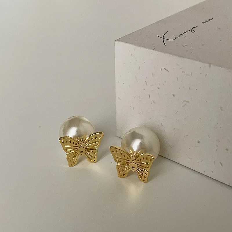 French Style Light Luxury Elegant Butterfly Imitation Pearl Stud Earrings For Women Fashion Sweet Metal Jewelry Party Gifts Y250401