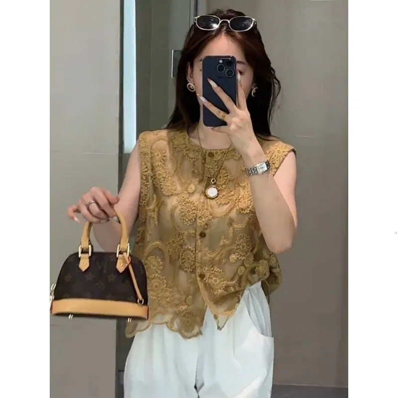 Chinese Style Embroidered Lace Hollow Out Sleeveless Shirt Womens Summer Temperament Versatile Chic Top 250318