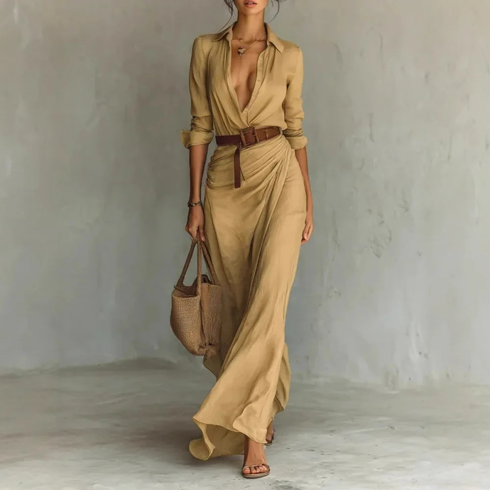 2025 Buttons Draped Chic Party Dress Spring Autumn Women Turn Down Collar Simple Maxi Long Sleeve Elegant Ladies 251030