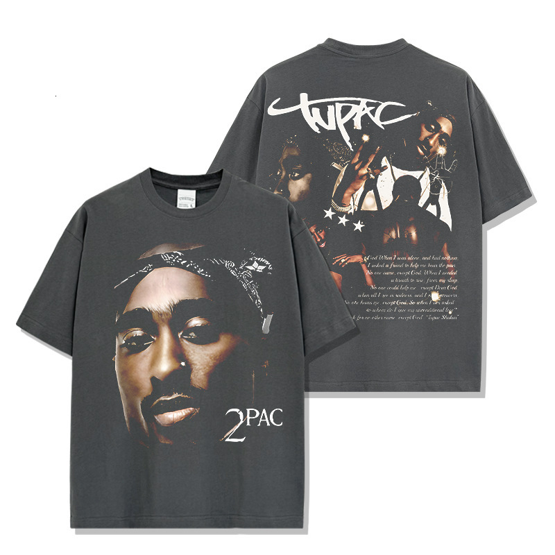 American tupac printed short sleeved t-shirt Vintage loose round neck hooded sweatshirt for men and women