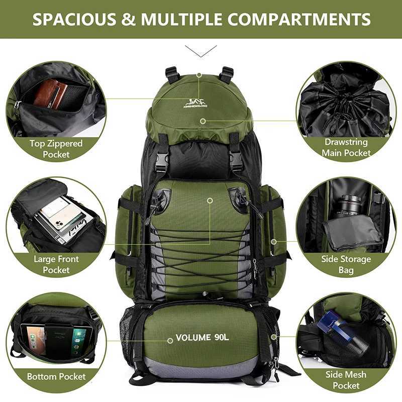 90L Travel Bag Camping Backpack Hiking Climbing Bags Mountaineering Large Capacity Sport Bag Outdoor Men Luggage Rucksack MolleC250407